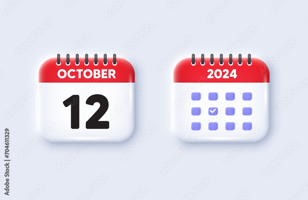 Calendar date 3d icon. 12th day of the month icon. Event schedule date. Meeting appointment time. 12th day of October month. Calendar event reminder date. Vector Calendar date 3d icon. 12th day of the month icon. Event schedule date. Meeting appointment time. 12th day of October month. Calendar event reminder date. Vector