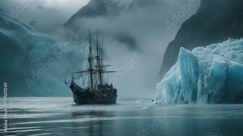A scary boat sailing near a glacier of slime, with fog, , 