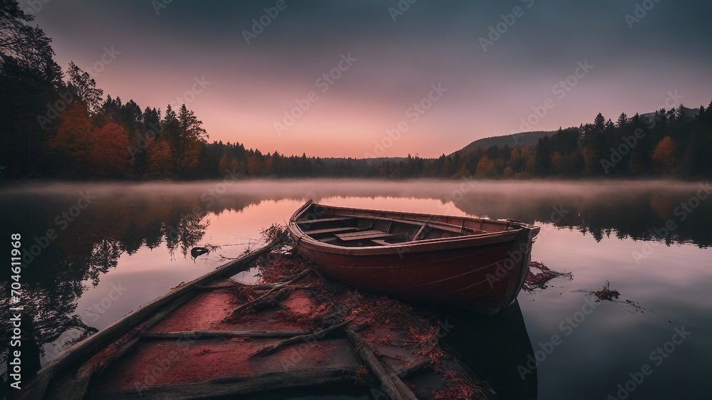Horror_ A wooden row boat abandoned on a lake of blood, Horror_ A wooden row boat abandoned on a lake of blood,