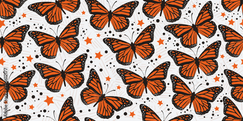 Monarch butterfly in pattern. Vector seamless pattern of butterflies.