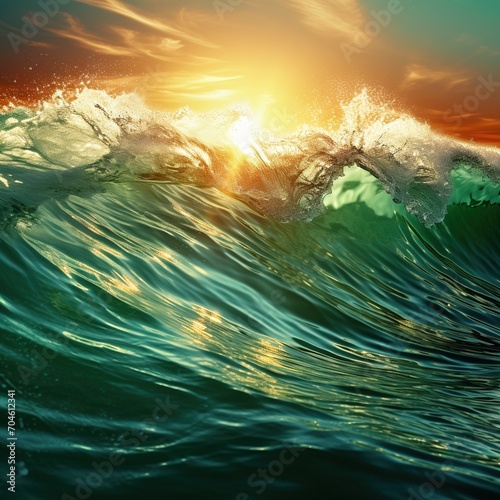 Sunset over the high green ocean wave,