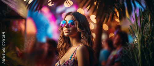 Cheerful young woman in fashionable sunglasses experiencing the lively ambiance of a neon-lit summer party, embodying the joy and freedom of vacation time.
