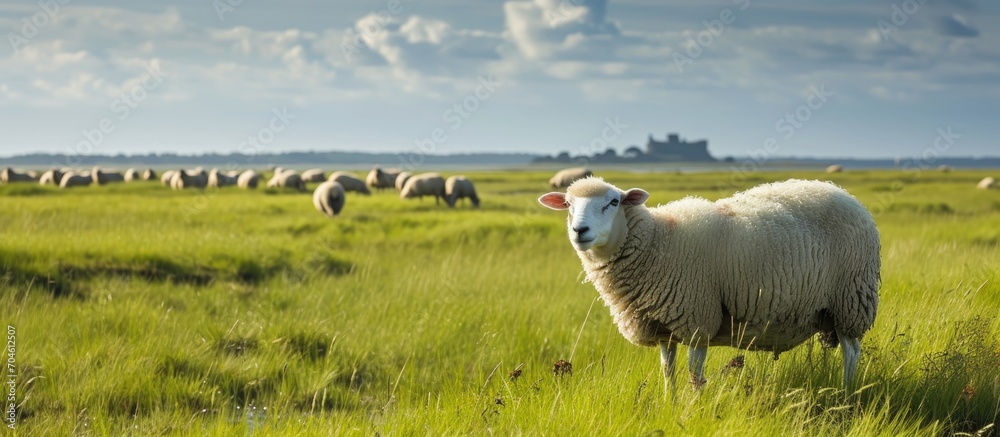 Sheep graze on salt marshes near Mont Saint-Michel, between Normandy and Brittany, under a sunny sky. - obrazy, fototapety, plakaty 