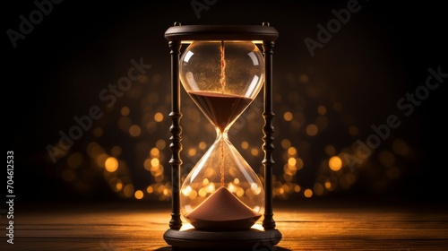 Sand running through the bulbs of an hourglass measuring the passing time in a countdown to a deadline, on a dark background. Neural network AI generated art photo