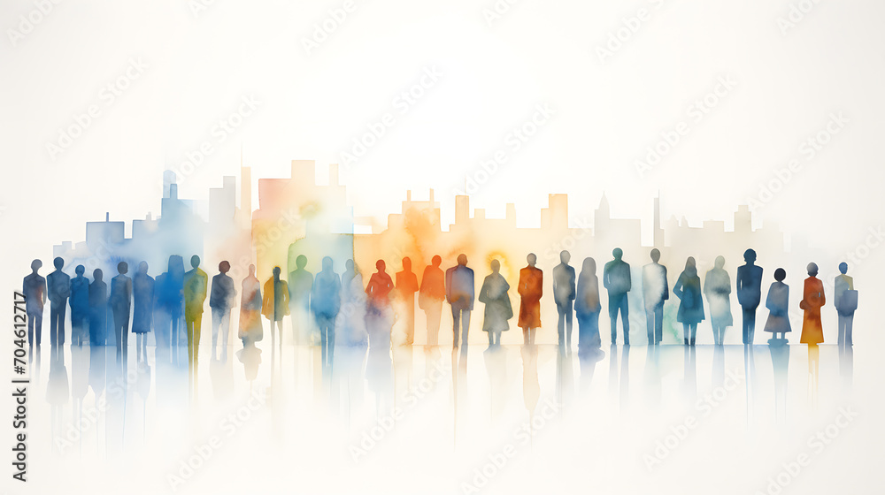 Naklejka premium Group of people silhouettes standing in the style of colorful watercolors