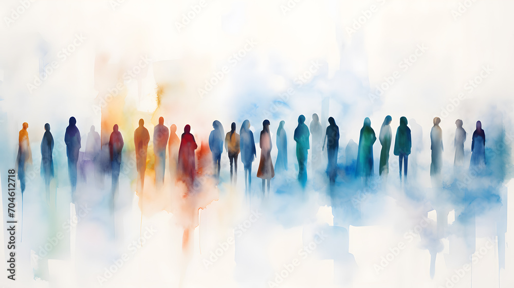 Group of people silhouettes standing in the style of colorful watercolors Group of people silhouettes standing in the style of colorful watercolors