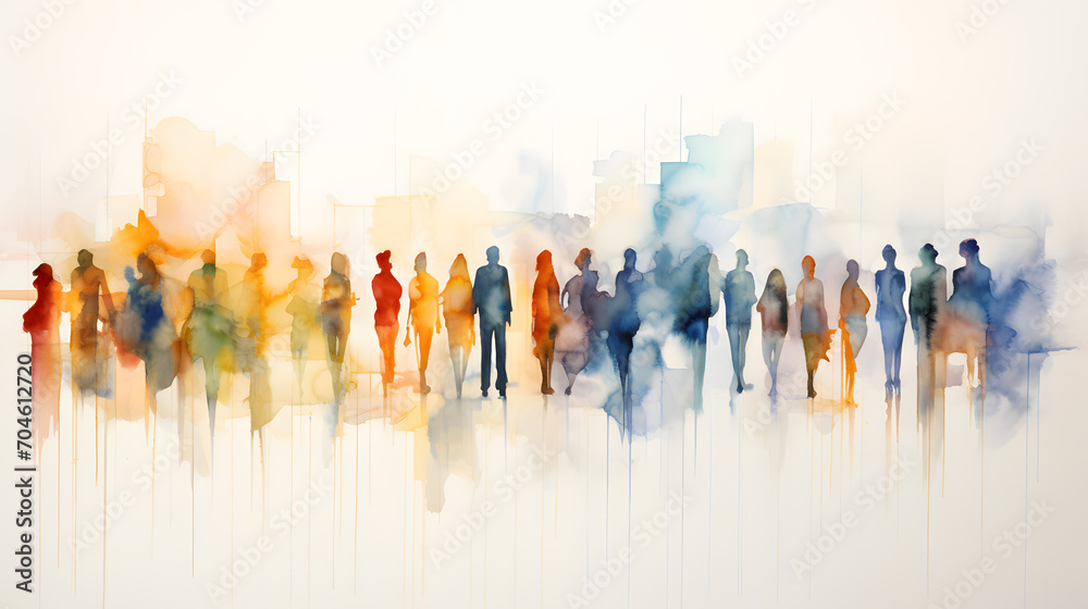 Group of people silhouettes standing in the style of colorful watercolors - obrazy, fototapety, plakaty 