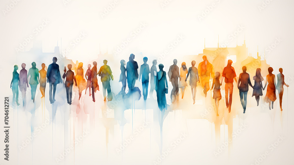 Obraz premium Group of people silhouettes standing in the style of colorful watercolors