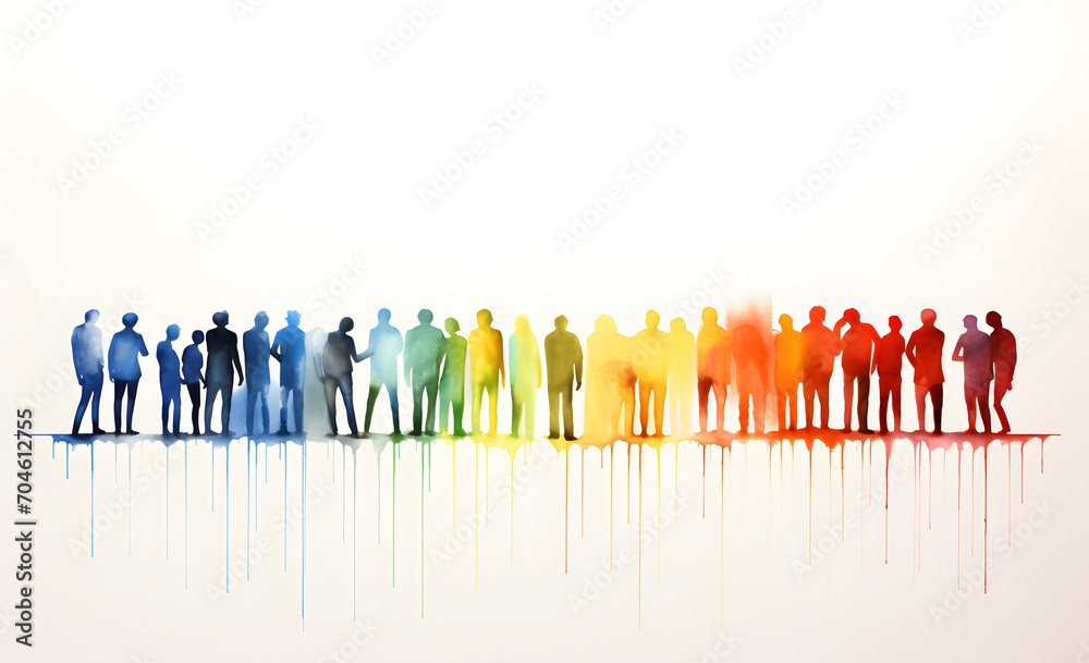 Naklejka premium Group of people silhouettes standing in the style of colorful watercolors