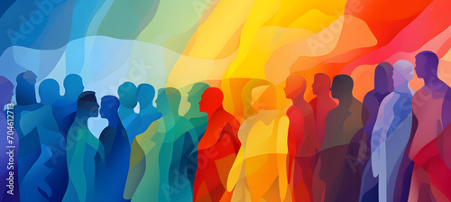 Leinwand Poster Group of people silhouettes standing in the style of colorful watercolors