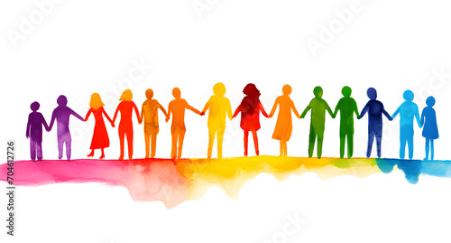 Group of people silhouettes standing in the style of raibow colorful watercolors