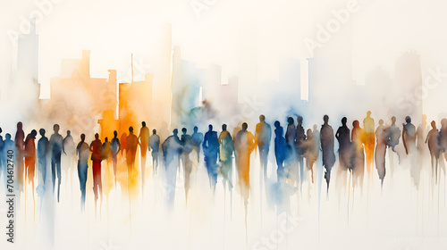 Group of people silhouettes standing in the style of colorful watercolors