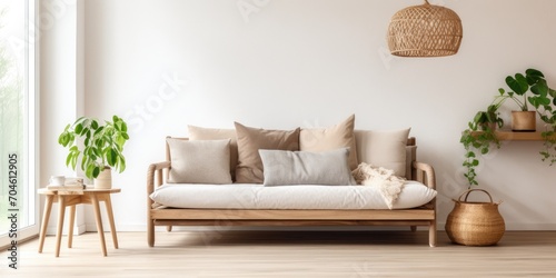 Bright living room interior with a wooden Scandinavian sofa and a wicker chandelier above a futon.