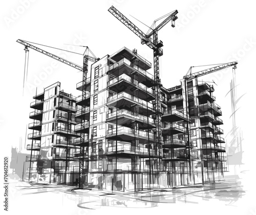 Building construction sketch. Skyscraper residential building or business building under development with constructing hand drawing on white