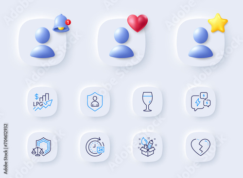 Rise price, 24h delivery and Justice scales line icons. Placeholder with 3d bell, star, heart. Pack of Stress, Security, Broken heart icon. Beer glass, Creativity pictogram. Vector