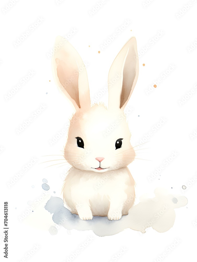Obraz premium Watercolor Drawing of a ivory Bunny on a white Background. Easter Card Template with Copy Space