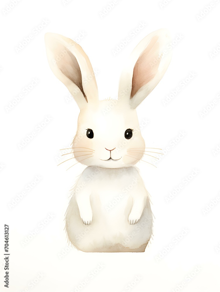 Obraz premium Watercolor Drawing of a ivory Bunny on a white Background. Easter Card Template with Copy Space