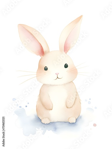 Watercolor Drawing of a ivory Bunny on a white Background. Easter Card Template with Copy Space