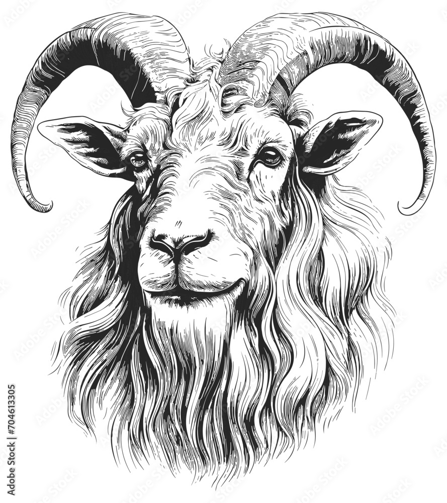 Goats portrait sketch. Farm goat head with big horns black ink drawing vintage engraving Goats portrait sketch. Farm goat head with big horns black ink drawing vintage engraving