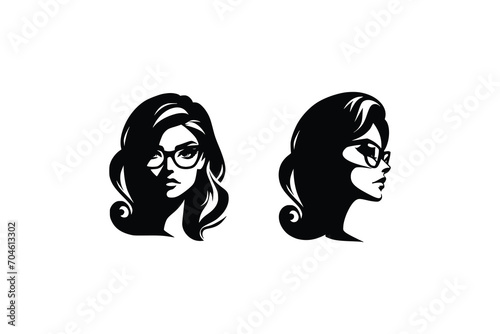 set of black and white of a woman in glasses . woman  illustration with different facial expression