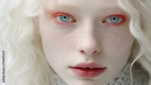 Albino girl with white skin, natural lips and white hair. Neural network AI generated art