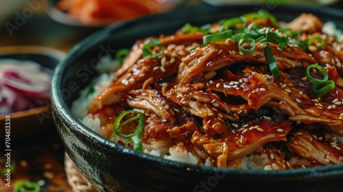 Food photography, jeyuk bokkeum, Thinly sliced pork and onions served over rice. aromatic Korean cuisine. © Татьяна Креминская