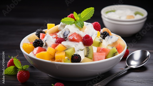 on a light table a delicious fruit salad with yogurt