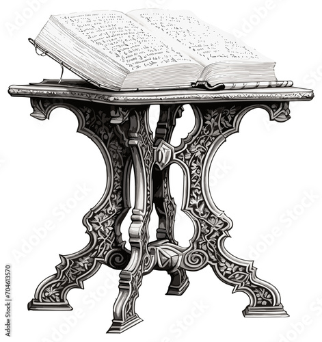 Koran on stand sketch. Old holy islamic book quran on carved wooden table hand drawn vector illustration, islam praying tome