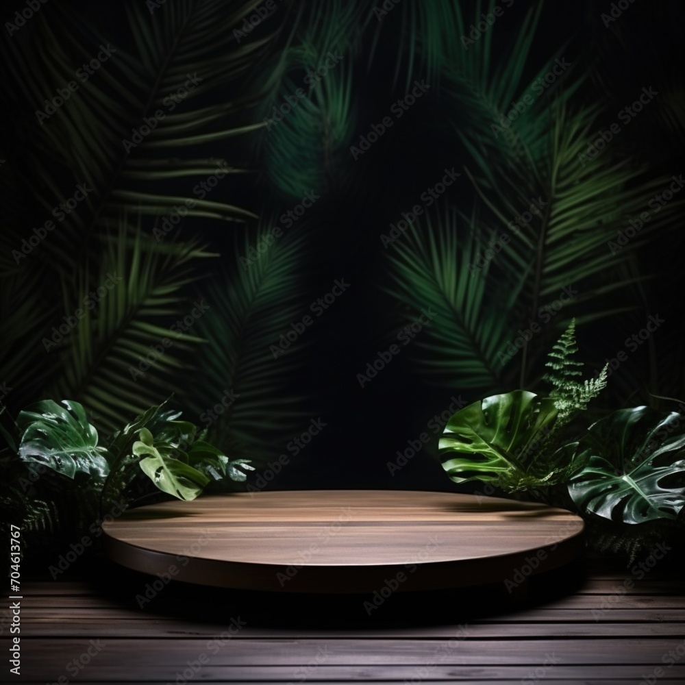 Fototapeta premium Wooden podium with tropical leaves background