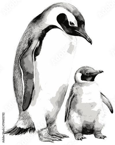 Mother and child penguins watercolor sketch isolated. Penguin parent and chick family aquarelle and pencil drawing vector illustration