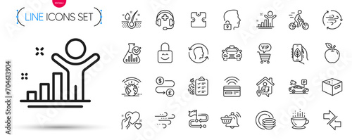 Pack of Coffee cup, Money transfer and Medical support line icons. Include Ecology app, Taxi, Synchronize pictogram icons. Notification cart, Wind energy, Windy weather signs. Vector