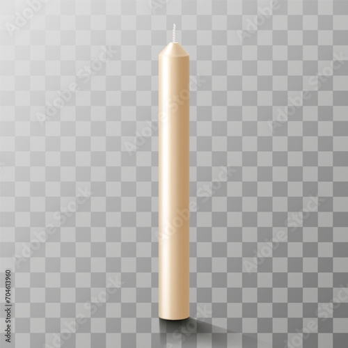 One long white candle made of wax isolated on transparent background, mock up. Realistic 3d vector illustration. Blank for a designer or postcard, slide for a presentation.