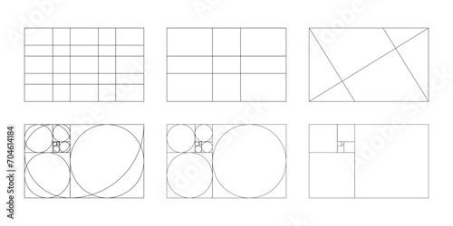 Golden ratio template set. Method golden section grids. Fibonacci array, numbers icons. Harmony proportions frames. Vector graphic illustration. Eps.	