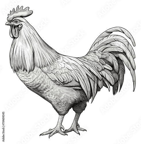 Rooster engraving isolated. Hand drawn standing cock on white background, bantam chicken etching vector illustration