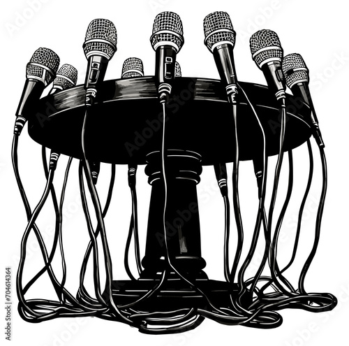 Speech tribune sketch. Audience podium with microphones isolated, political debate lecture speaking presentation ceremony news mics stand, press conference standing rostrum