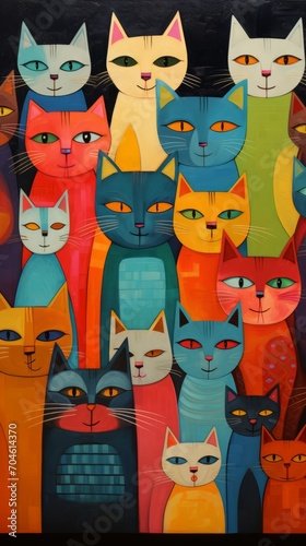 A Vibrant Painting Featuring a Variety of Colorful Cats