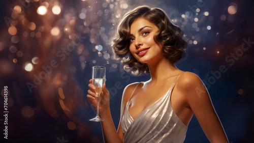 Joyful young adult female in 1920s flapper fashion, holding champagne at a themed party, silver dress, epitome of roaring twenties elegance.