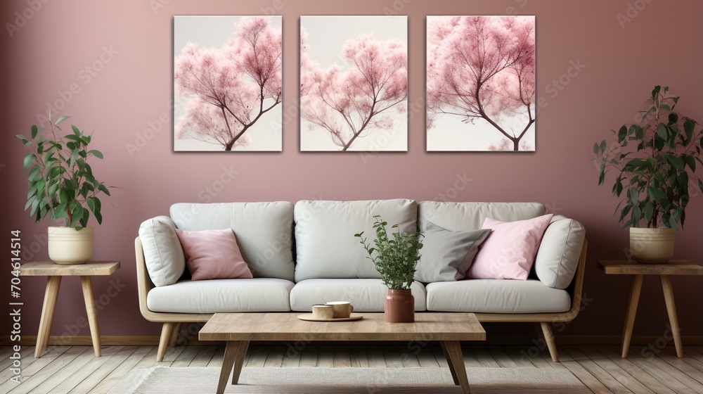 Three panels of pink blossom tree branches in a living room - obrazy, fototapety, plakaty 