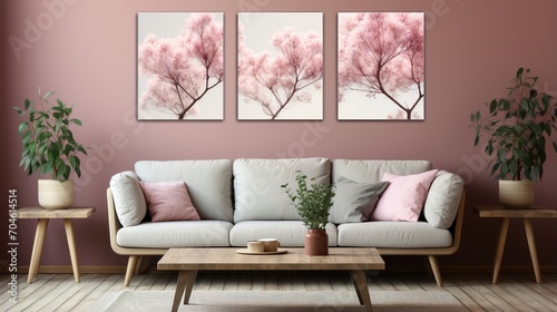 Three panels of pink blossom tree branches in a living room