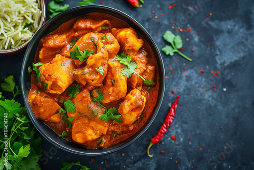 tasty and hot chicken tikka masala with coriander in a pot