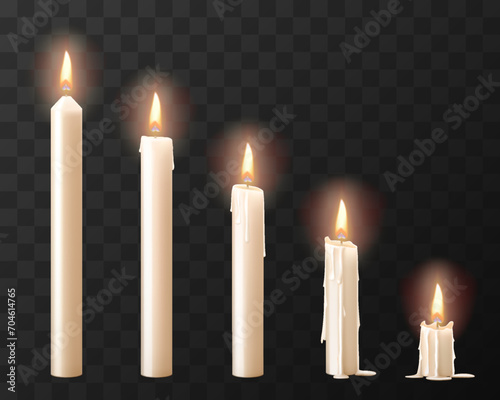 Set of realistic white burning candles isolated on transparent background. Realistic burning candles for animation. 3d vector illustration.