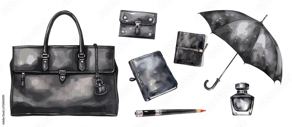 Black fashion businessman kit. Isolated office bag, perfume bottle, umbrella cane, purse and notebook in leather cover. Stylish vector collection