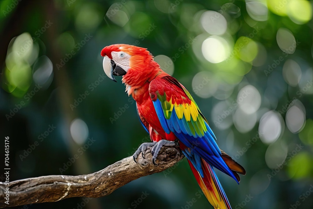 Brilliantly colored parrot perched on a solitary branch