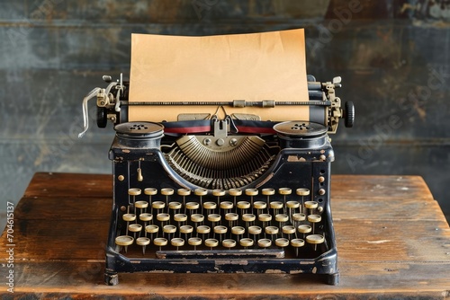 A vintage typewriter with a blank sheet of paper on an old wooden desk