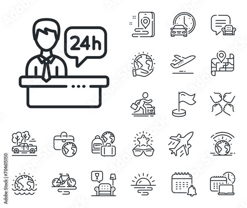 24 hour help sign. Plane jet, travel map and baggage claim outline icons. Reception desk line icon. Hotel service symbol. Reception desk line sign. Car rental, taxi transport icon. Vector