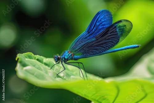 Bright blue dragonfly resting on a green leaf