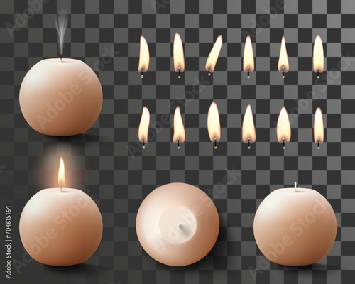 Set of scented round wax burning candles and fire flames with wick different shapes isolated on transparent background. Realistic burning candles for animation. 3d vector illustration.