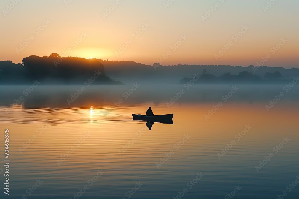 Fototapeta premium Lone fisherman on a calm lake at sunrise