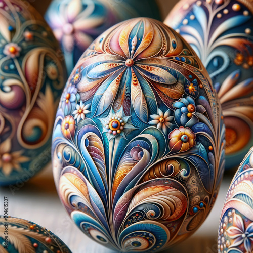 Close-up of intricately designed Easter eggs.