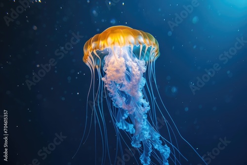 Glowing jellyfish swimming in a deep blue sea © Bijac